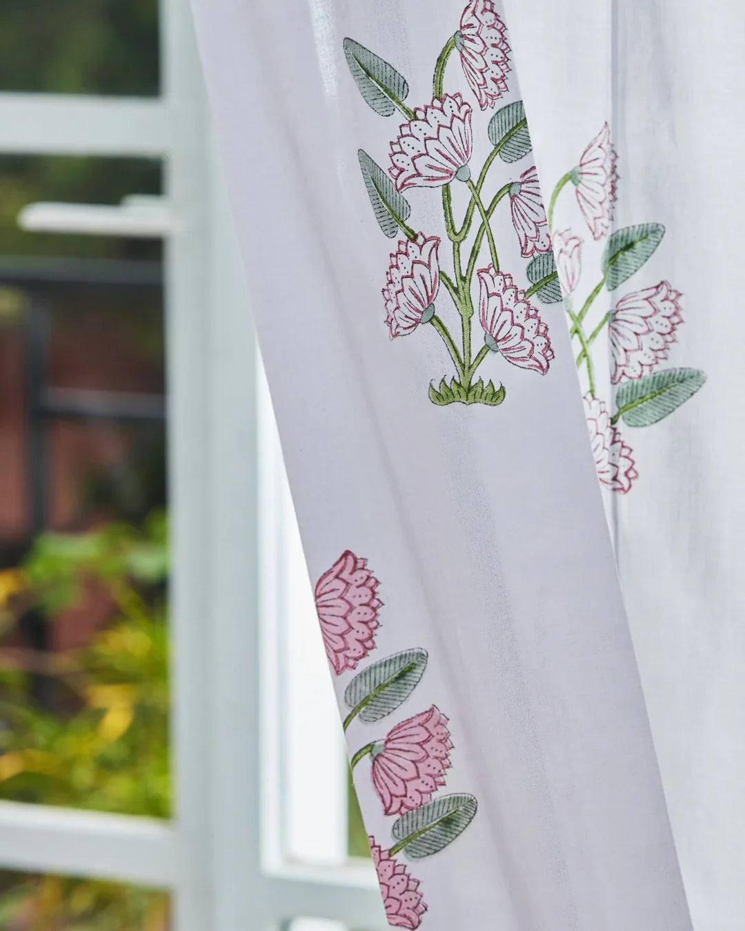 Light Grey & Pink Hand Block Printed Linen Curtains | Lotus Flower Design-2