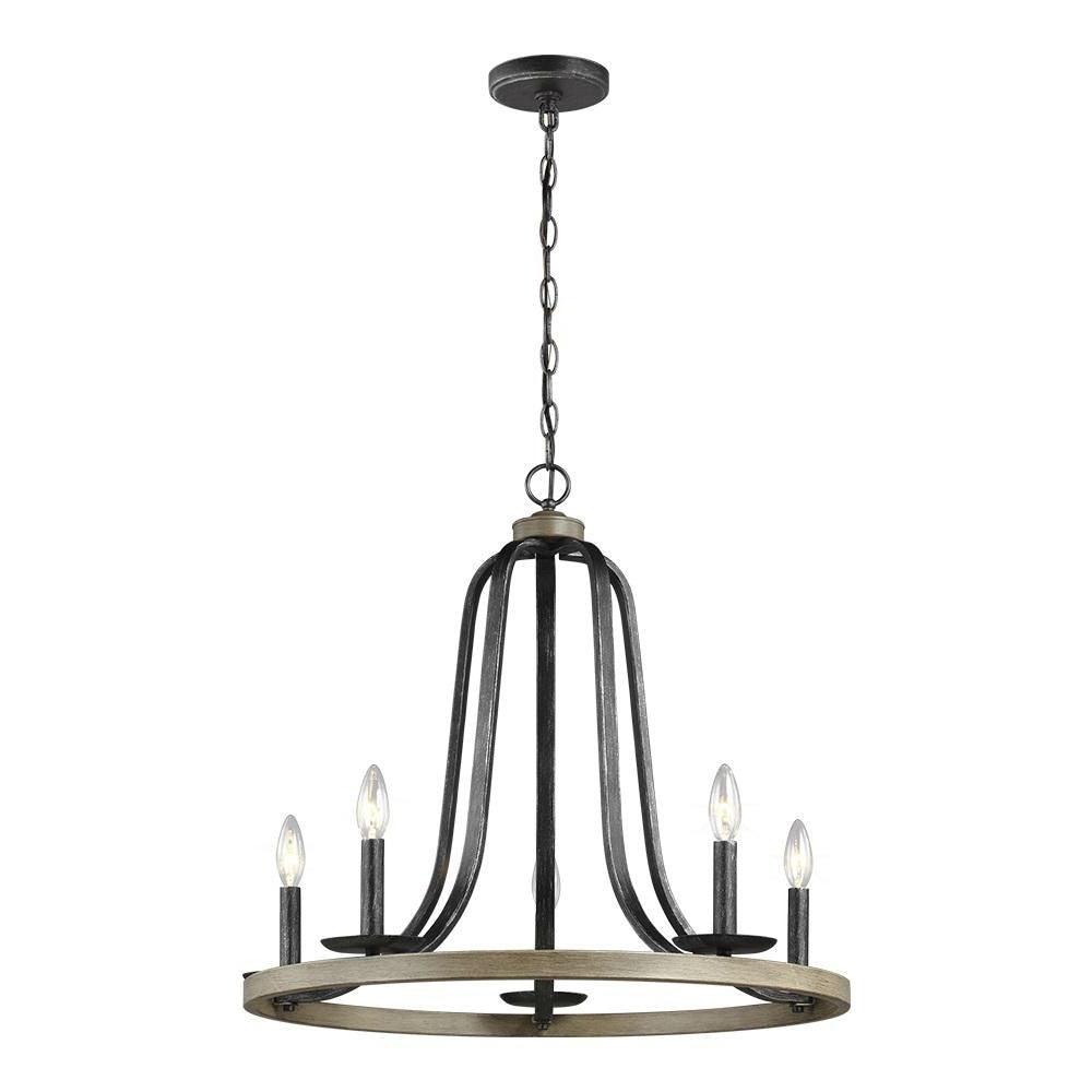 Rustic 5 Light Dimmable Farm Home Circle Metal Chandelier Oak Finish - PRHOMZ
