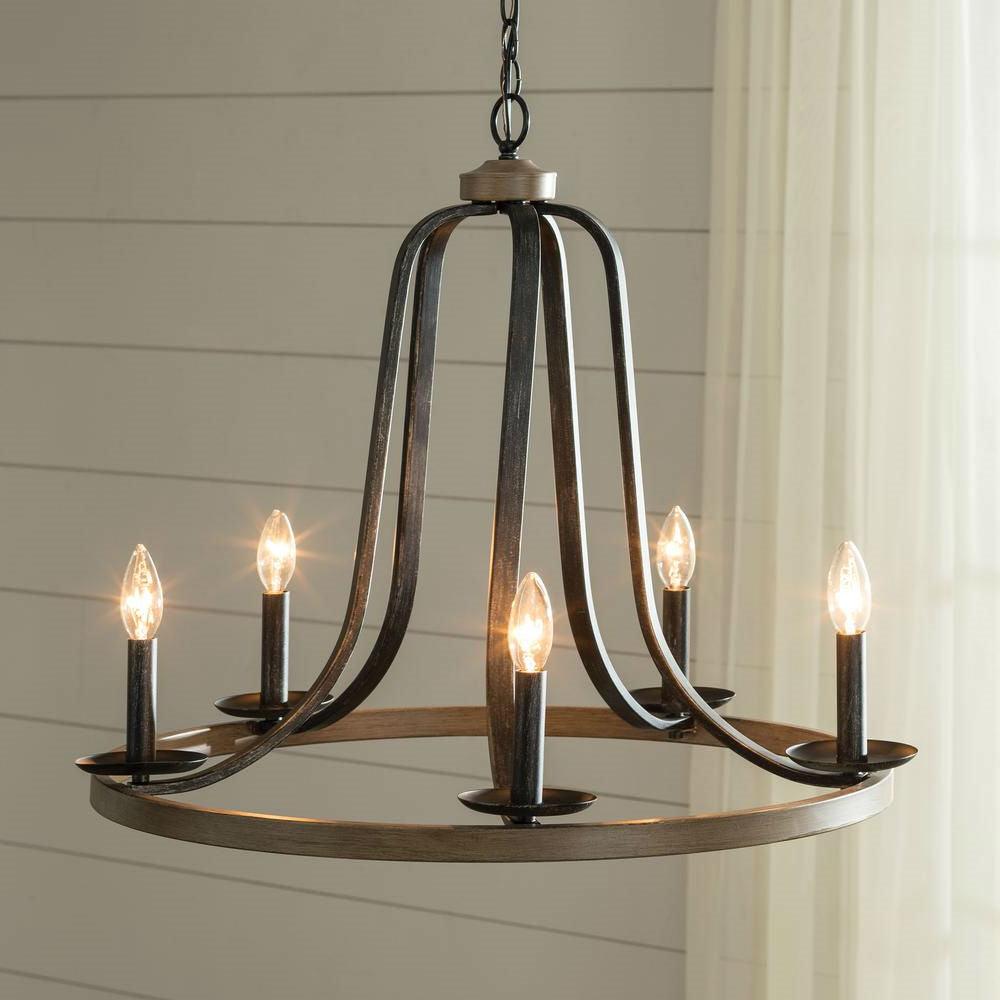 Rustic 5 Light Dimmable Farm Home Circle Metal Chandelier Oak Finish - PRHOMZ