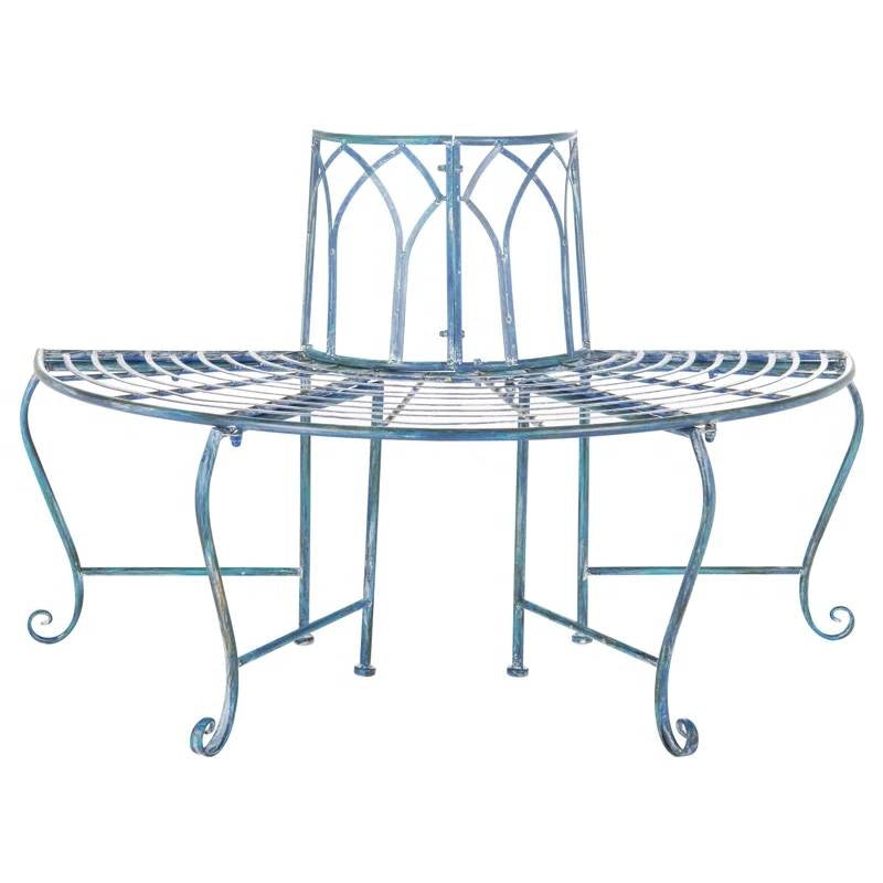 Half-Circle Outdoor Patio Garden Antique Blue Wrought Iron Tree Bench-0
