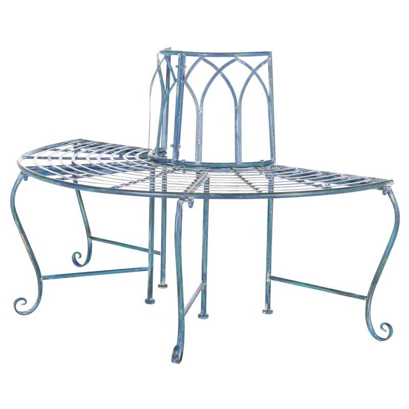 Half-Circle Outdoor Patio Garden Antique Blue Wrought Iron Tree Bench-1