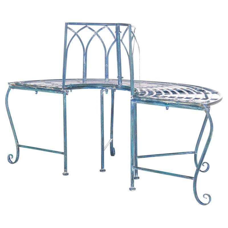 Half-Circle Outdoor Patio Garden Antique Blue Wrought Iron Tree Bench-3