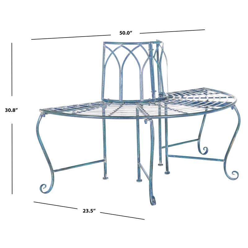 Half-Circle Outdoor Patio Garden Antique Blue Wrought Iron Tree Bench-4