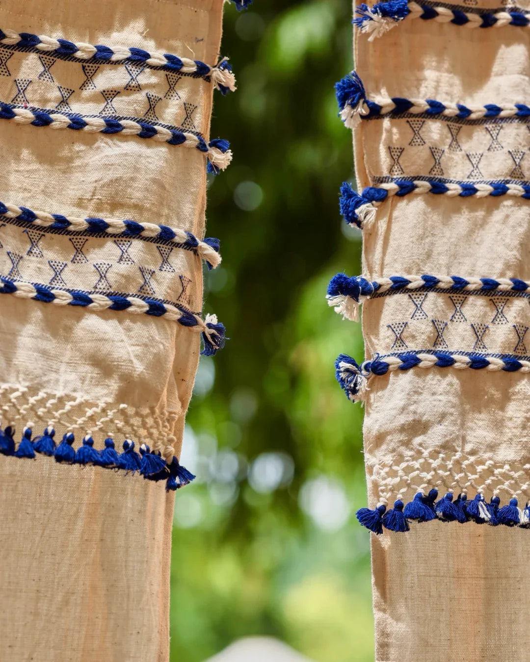 Natural Linen Curtains with Blue Tassels | Rod Pocket-2