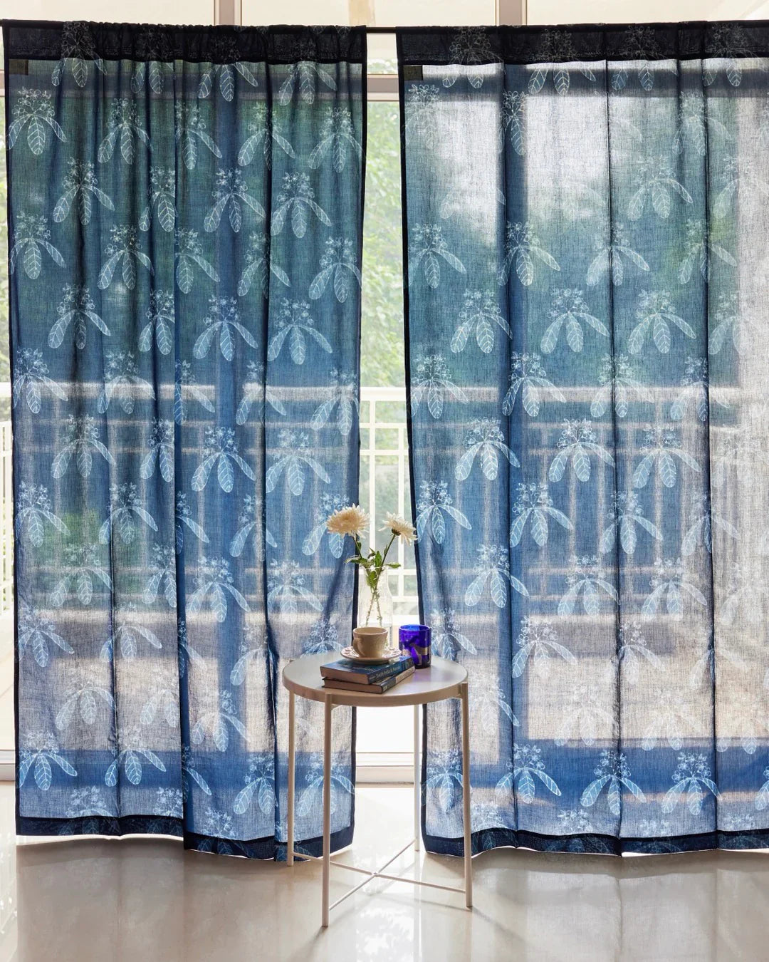 Indigo Blue Hand Block Printed Linen Curtains | Champa Flower Design-2