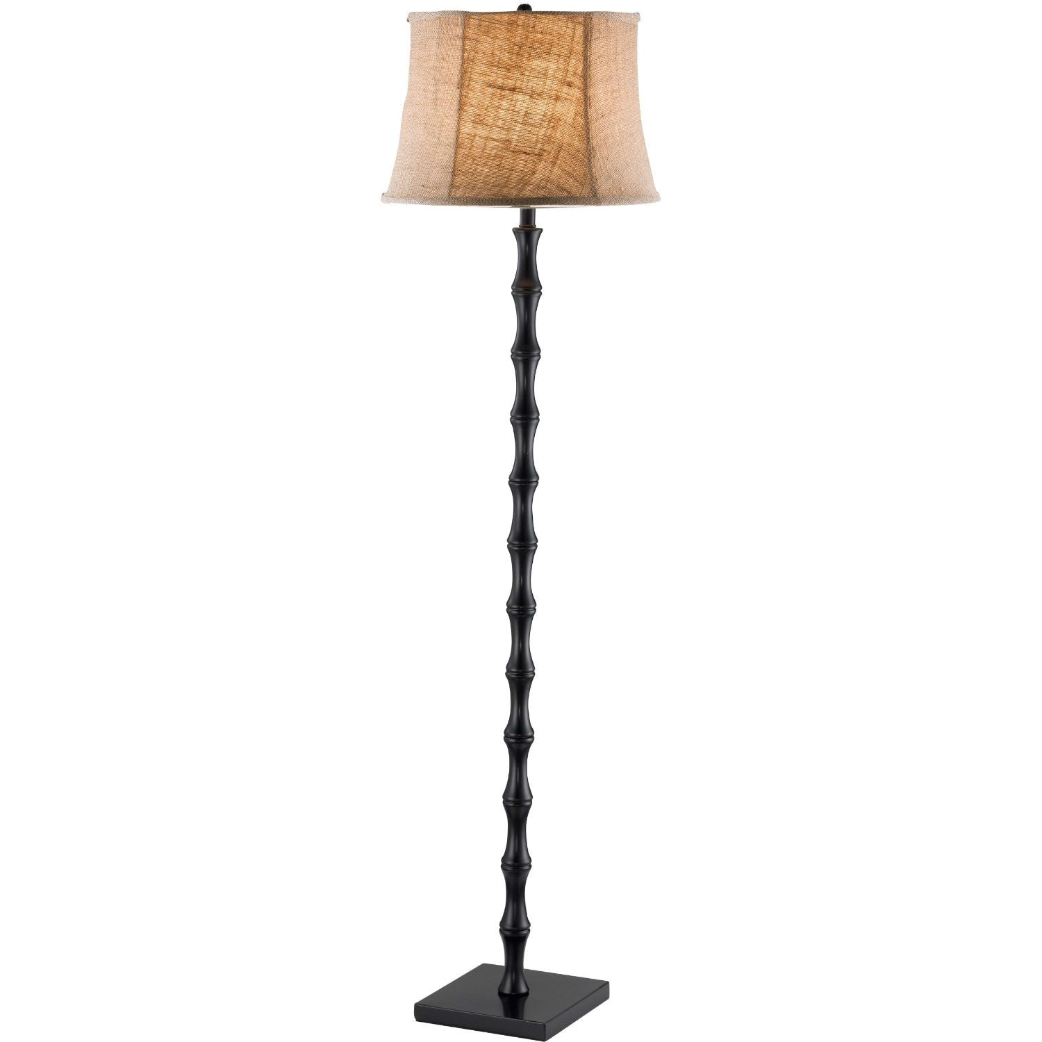 Traditional Floor Lamp with Black Metal Pole and Brown Burlap Bell Shade-0
