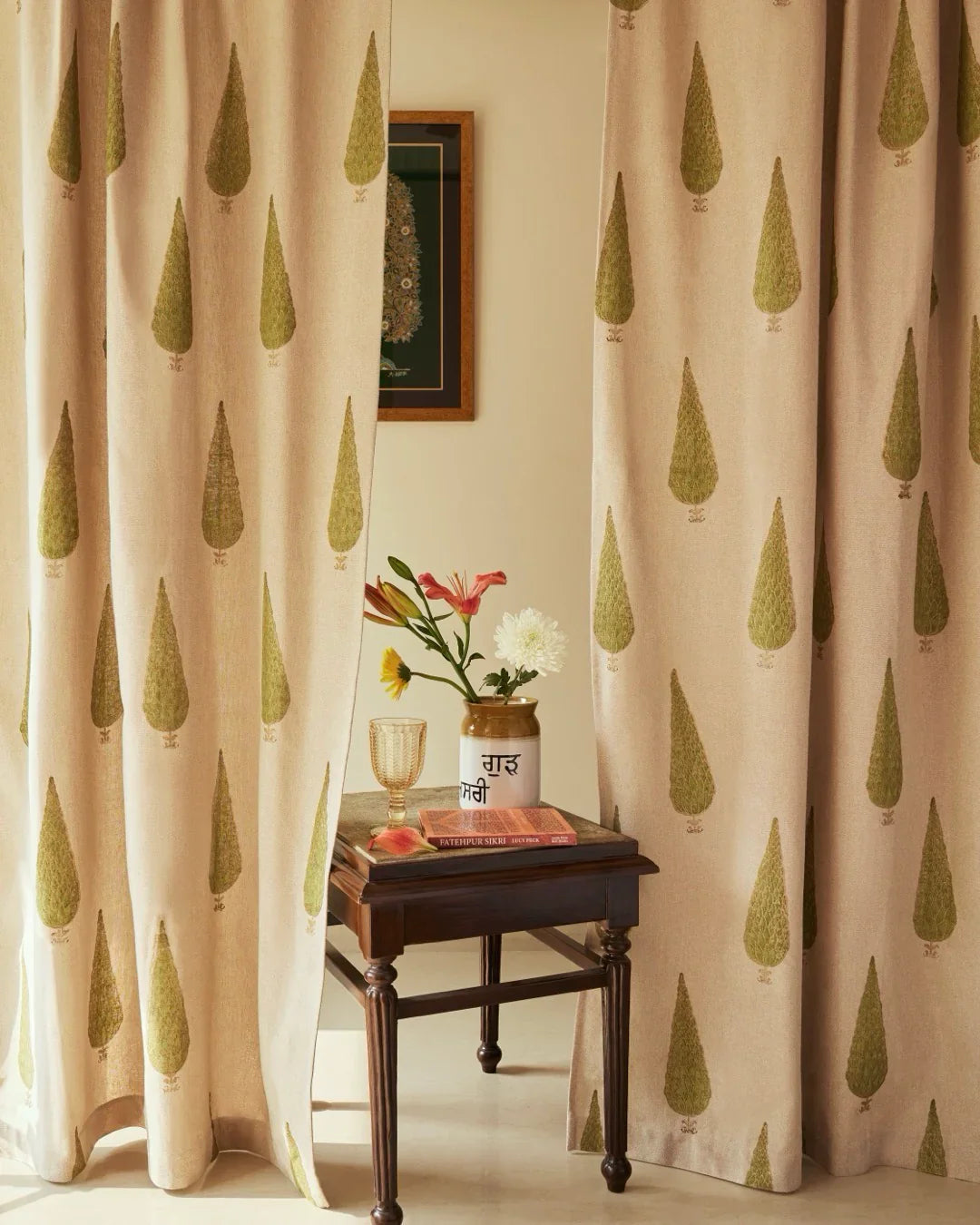 Beige & Green Hand Block Printed Linen Curtains | Cypress Tree Design-1