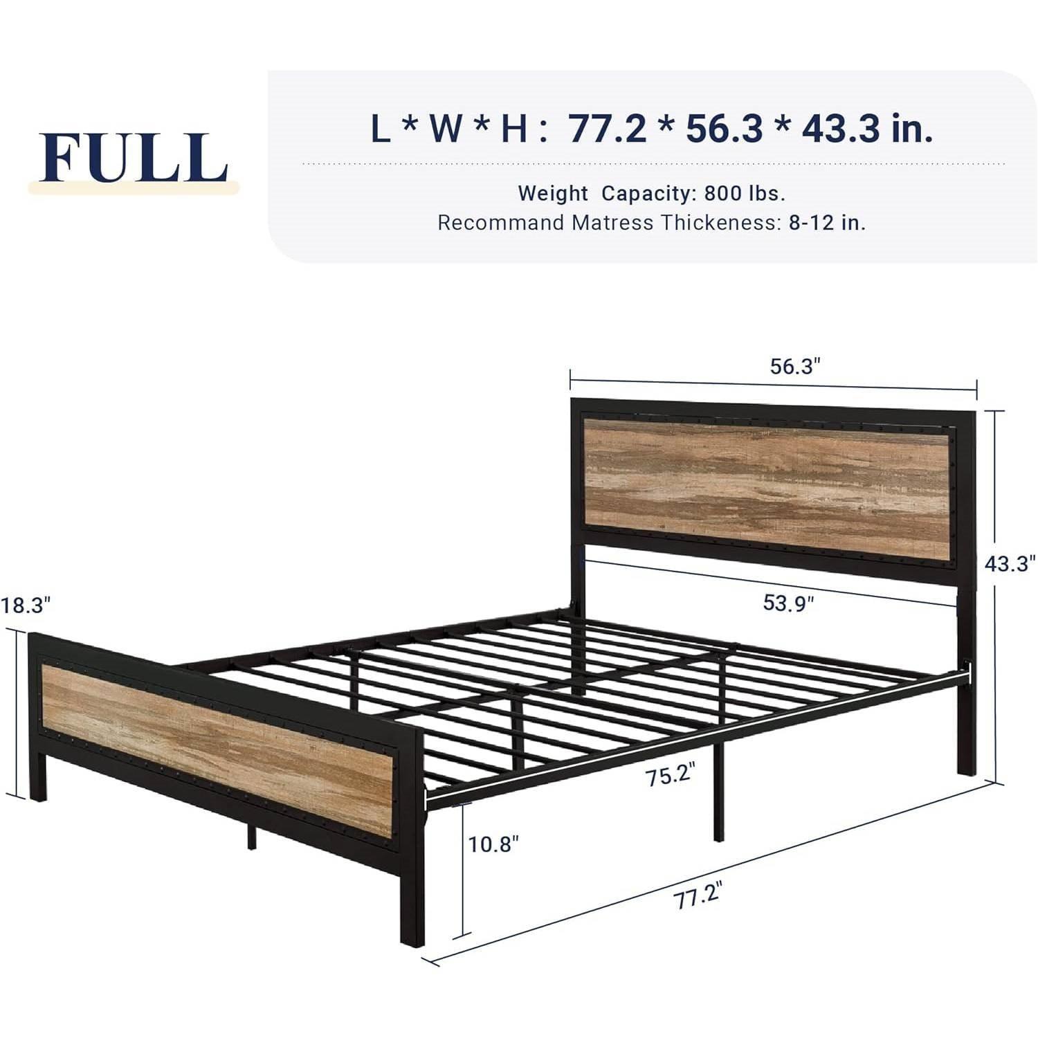 Full Industrial Metal Wood Rivet Platform Bed Frame w/ Headboard and Footboard - PRHOMZ