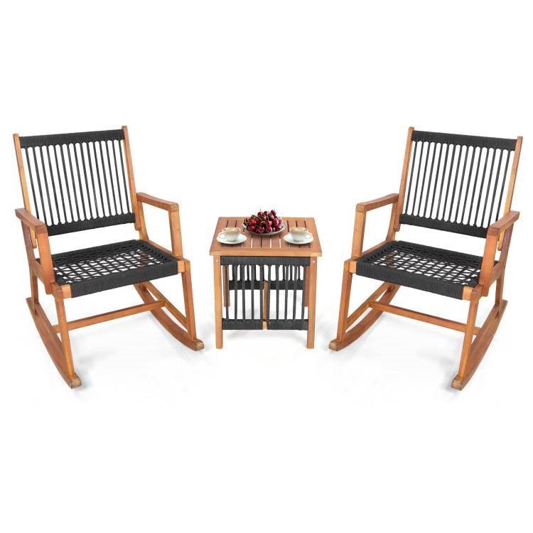 3 Piece Outdoor Wood Patio Furniture Rocking Chair Table Bistro Set - PRHOMZ