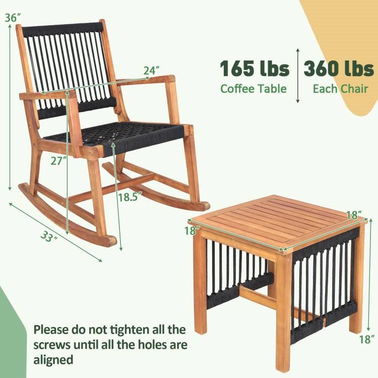 3 Piece Outdoor Wood Patio Furniture Rocking Chair Table Bistro Set - PRHOMZ