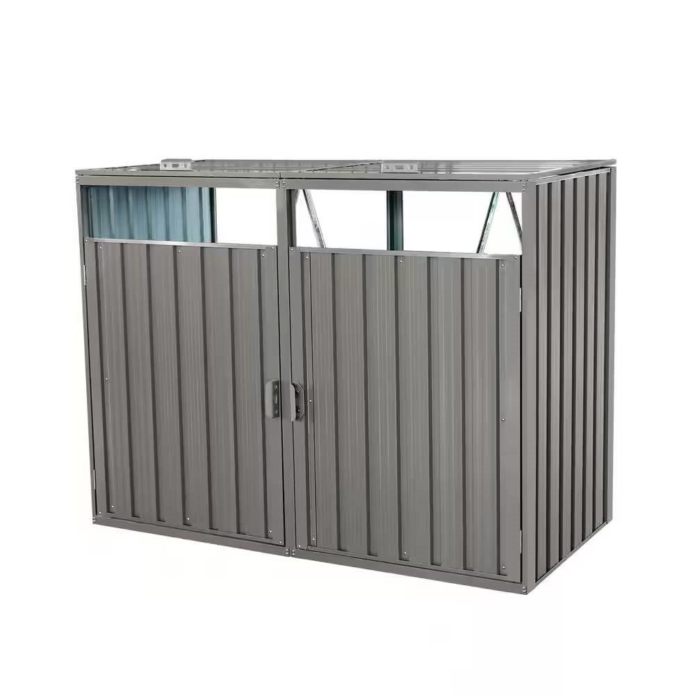 Outdoor Grey Galvanized Steel Garbage Bin Storage Shed - Holds 2 Trash Cans - PRHOMZ