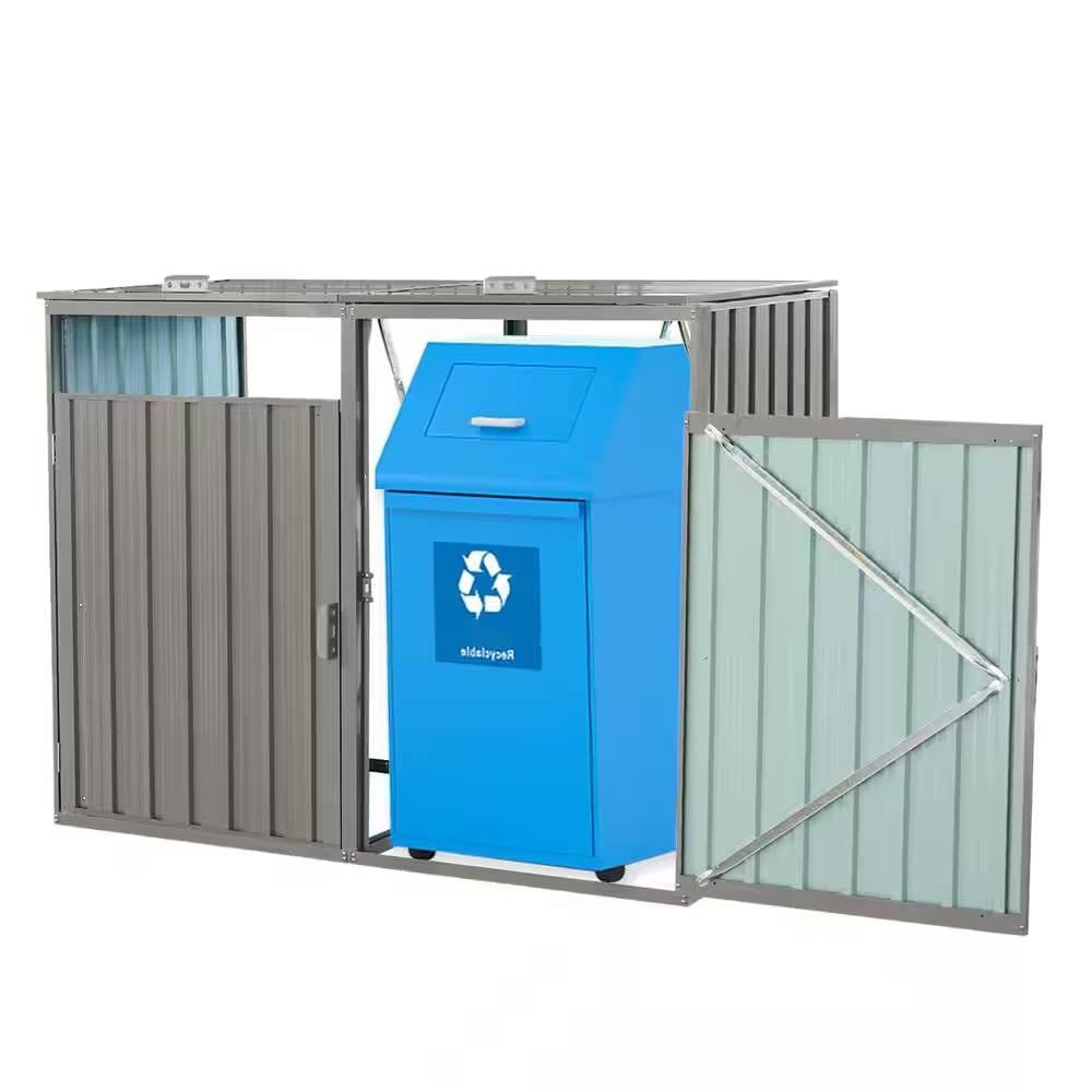 Outdoor Grey Galvanized Steel Garbage Bin Storage Shed - Holds 2 Trash Cans - PRHOMZ