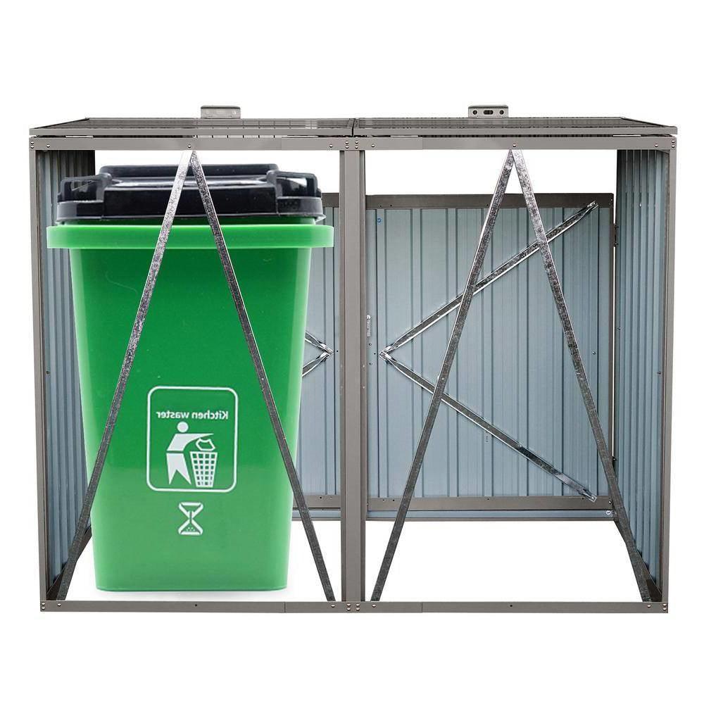 Outdoor Grey Galvanized Steel Garbage Bin Storage Shed - Holds 2 Trash Cans - PRHOMZ