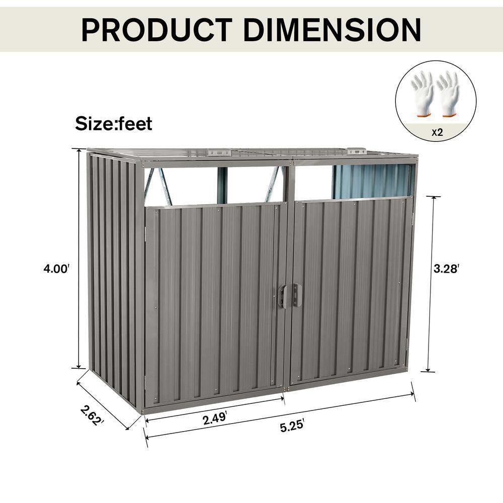 Outdoor Grey Galvanized Steel Garbage Bin Storage Shed - Holds 2 Trash Cans - PRHOMZ
