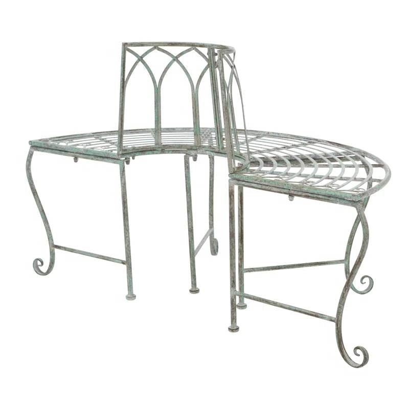 Half-Circle Outdoor Patio Garden Wrought Iron Tree Bench in Antique Green-3