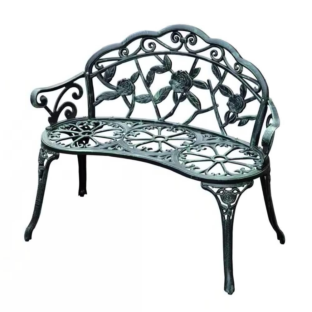 Outdoor Patio 40-inch Garden Bench with Backrest in Antique Green Metal Finish - PRHOMZ