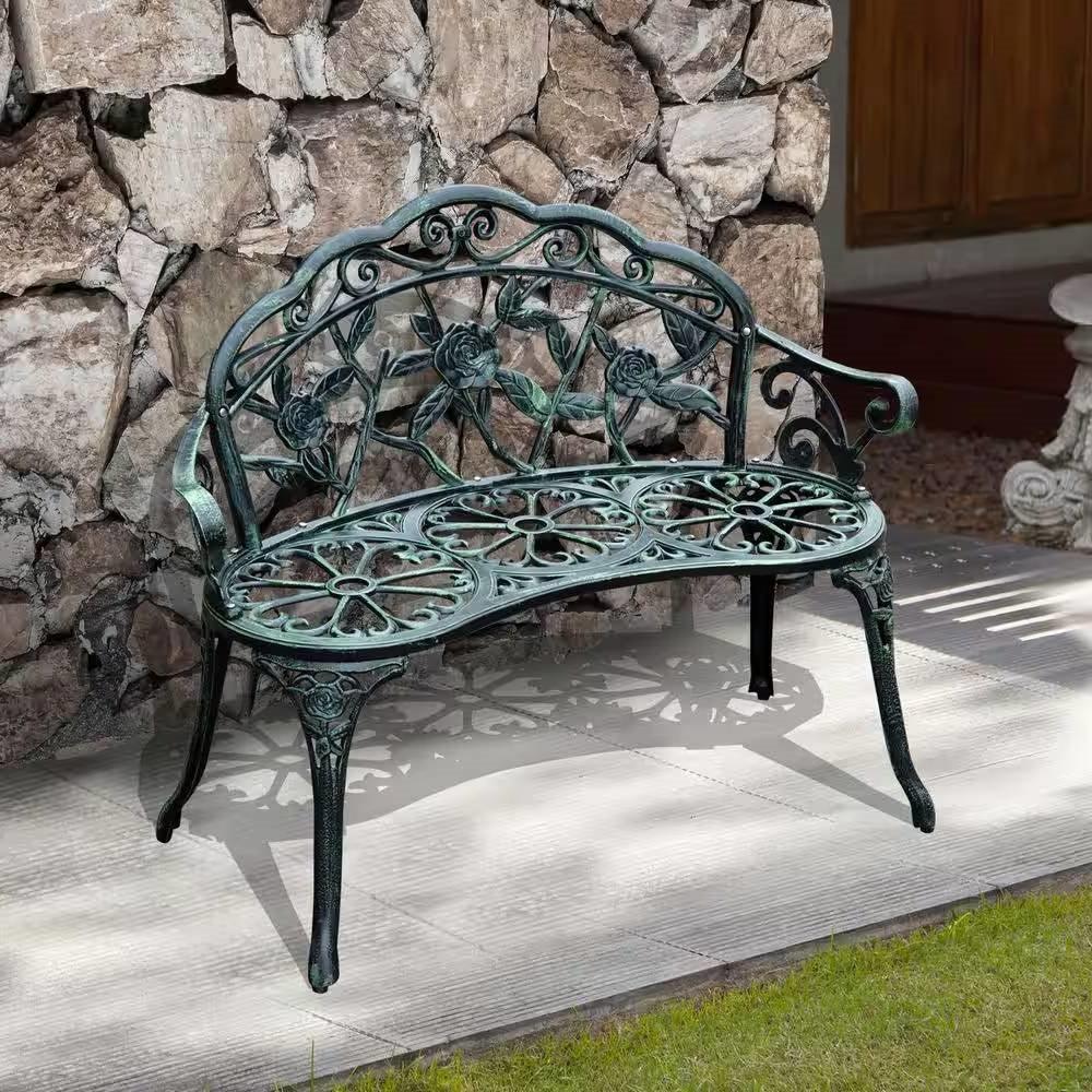 Outdoor Patio 40-inch Garden Bench with Backrest in Antique Green Metal Finish - PRHOMZ