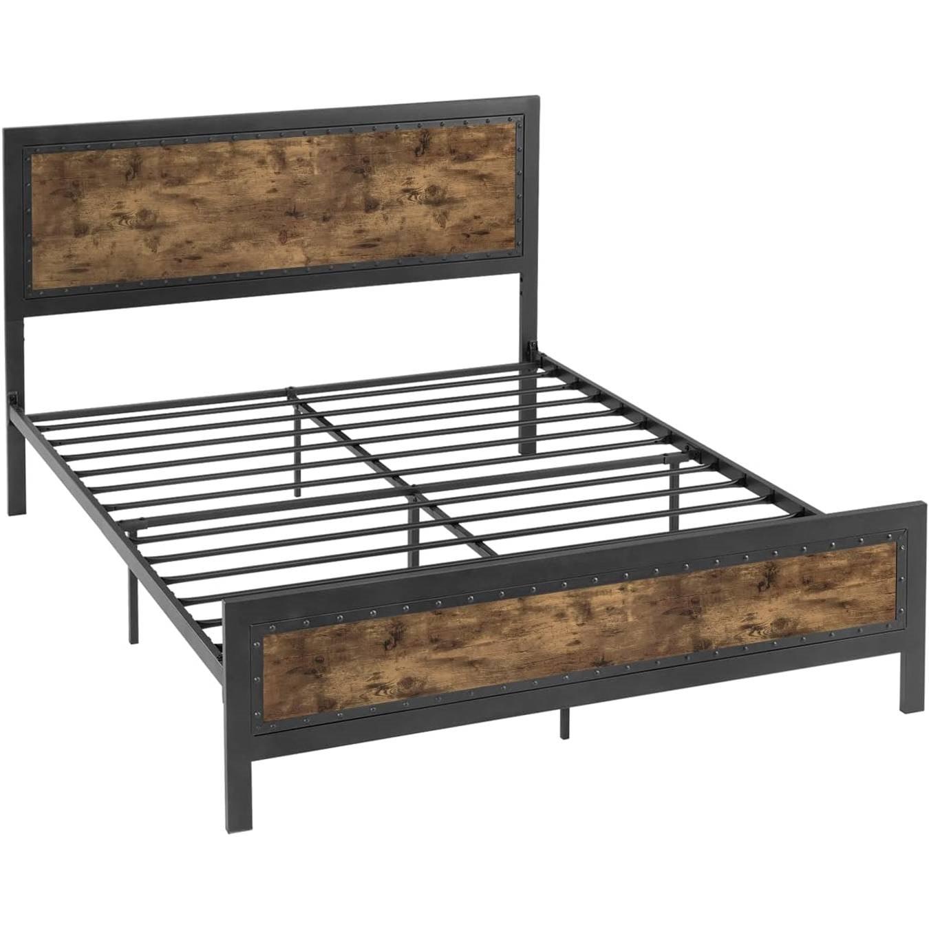 Queen Industrial Rivet Platform Bed Frame with Headboard in Rustic Wood Finish - PRHOMZ