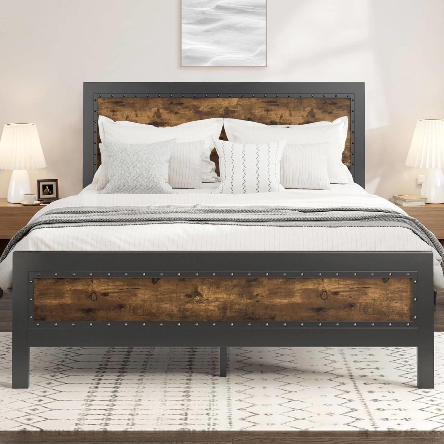Queen Industrial Rivet Platform Bed Frame with Headboard in Rustic Wood Finish - PRHOMZ