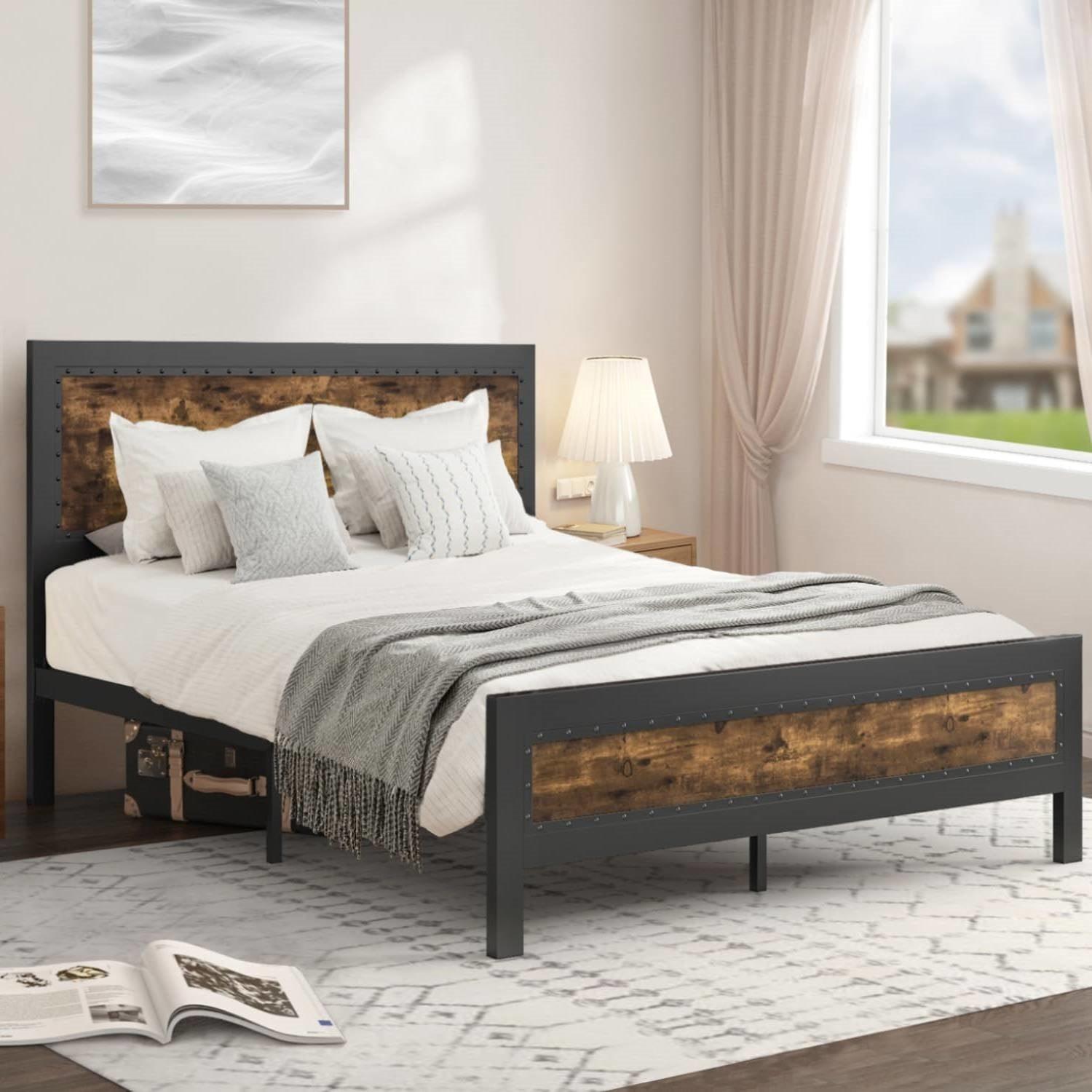Queen Industrial Rivet Platform Bed Frame with Headboard in Rustic Wood Finish - PRHOMZ