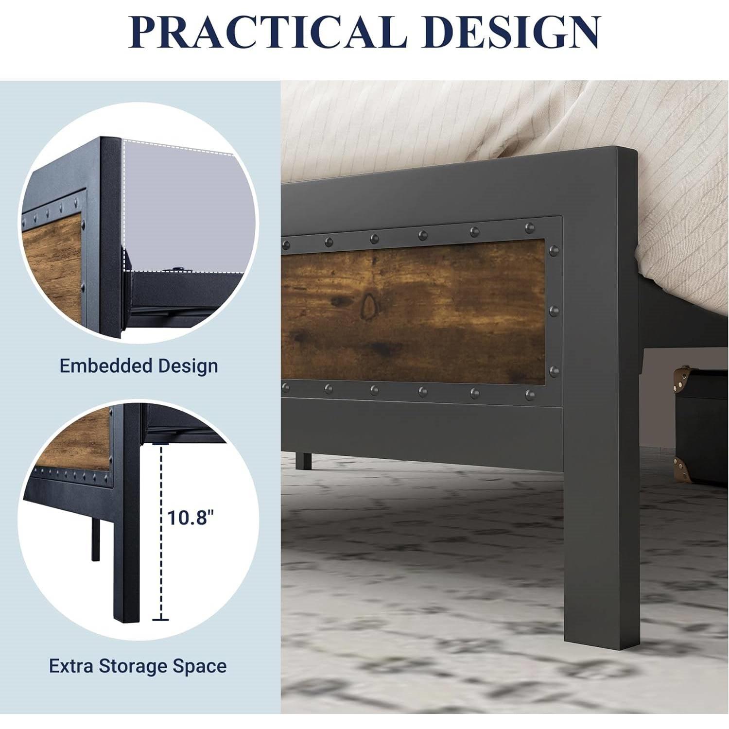 Queen Industrial Rivet Platform Bed Frame with Headboard in Rustic Wood Finish - PRHOMZ