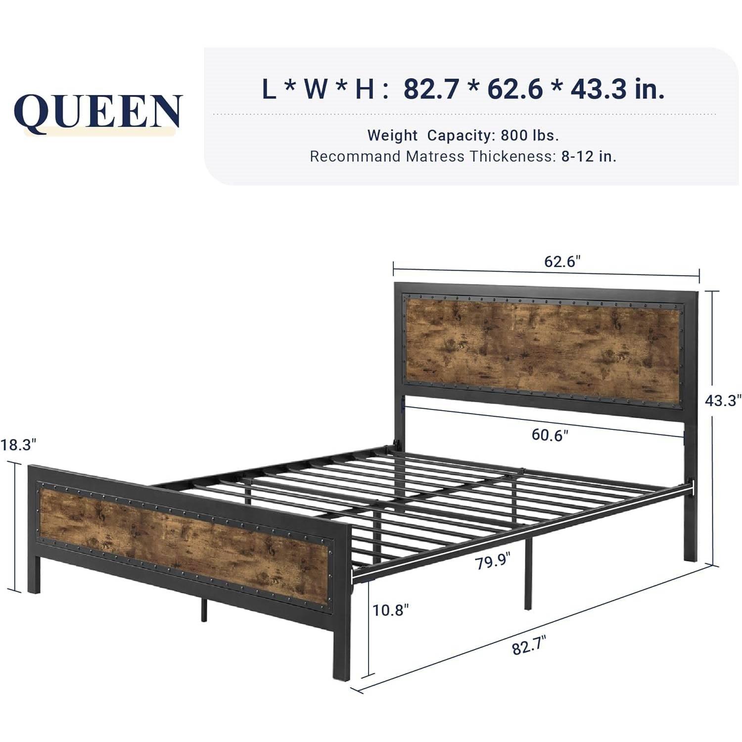 Queen Industrial Rivet Platform Bed Frame with Headboard in Rustic Wood Finish - PRHOMZ