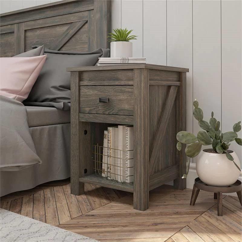 Farmhouse 1-Drawer Bedroom Nightstand with Open Shelf in Rustic Grey Oak - PRHOMZ