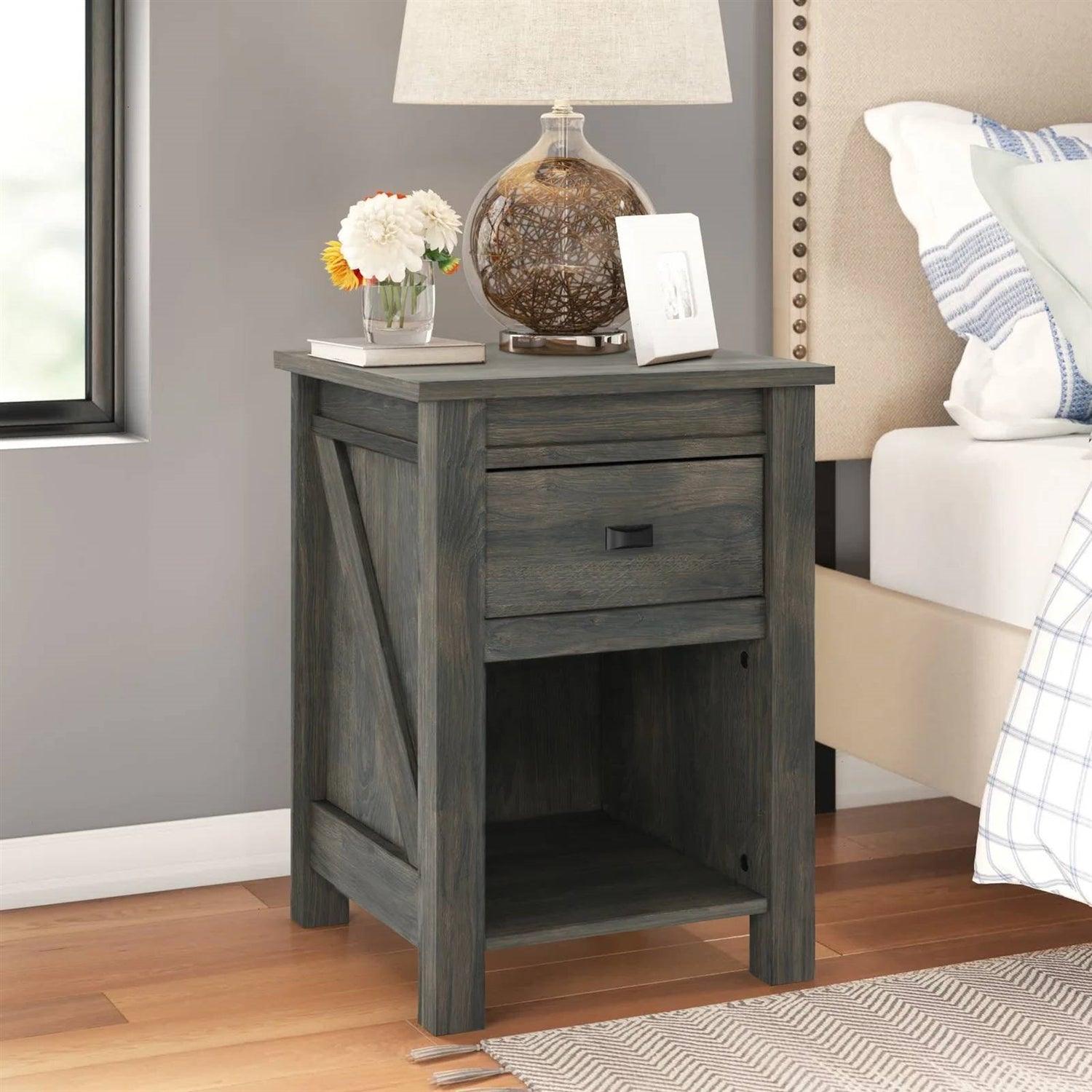 Farmhouse 1-Drawer Bedroom Nightstand with Open Shelf in Rustic Grey Oak - PRHOMZ