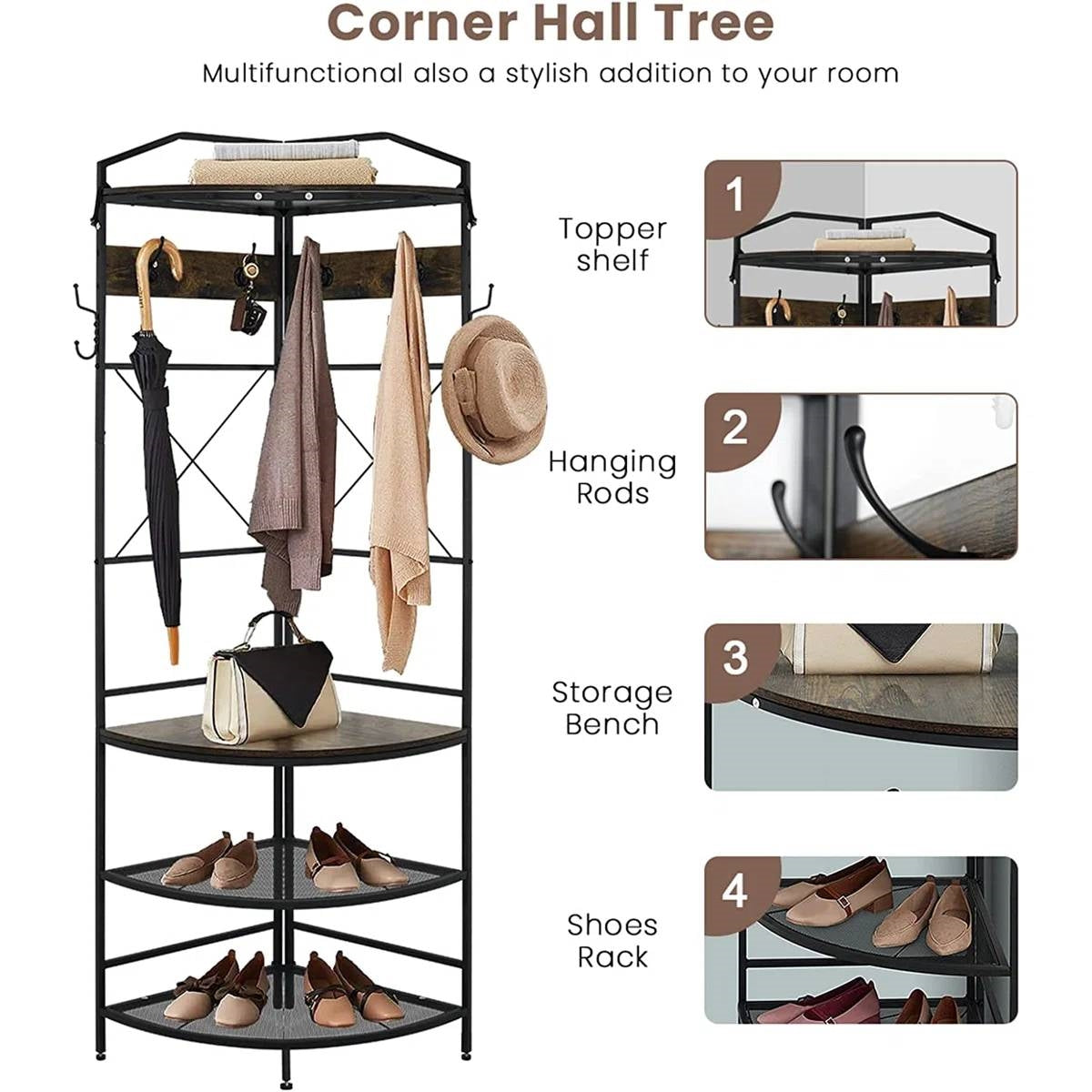 Modern Corner Entryway Hall Tree Shoe Storage Bench Coat Rack-3