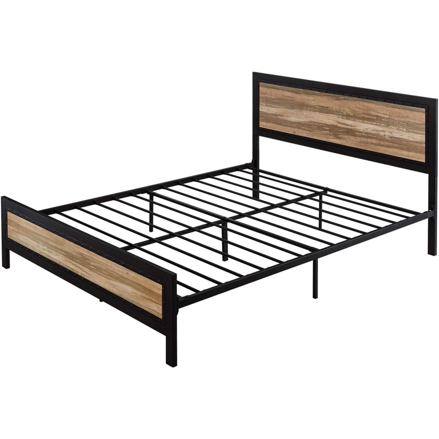 Queen Industrial Metal Wood Rivet Platform Bed Frame w/ Headboard and Footboard - PRHOMZ