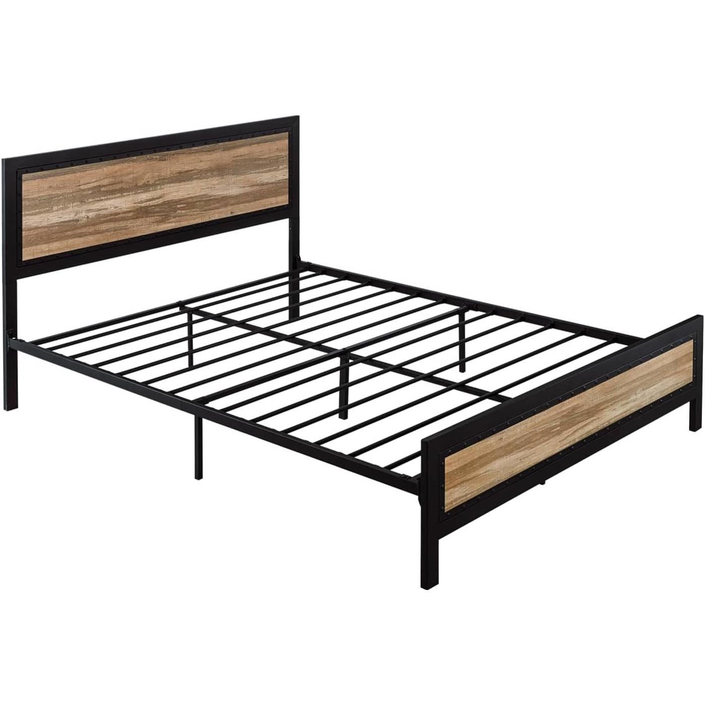 Queen Industrial Metal Wood Rivet Platform Bed Frame w/ Headboard and Footboard - PRHOMZ