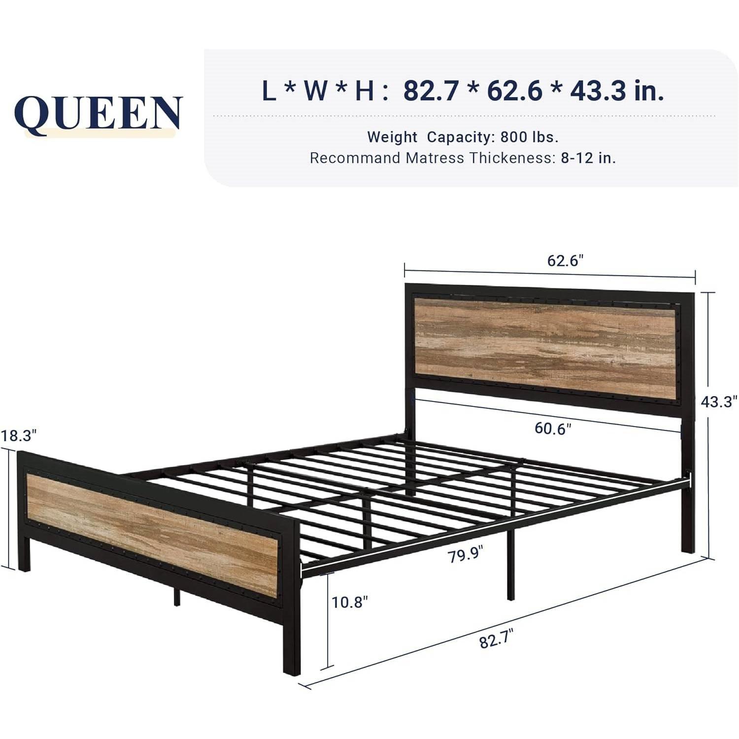 Queen Industrial Metal Wood Rivet Platform Bed Frame w/ Headboard and Footboard - PRHOMZ