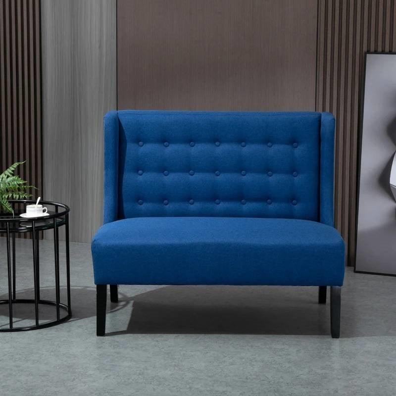 Scandinavian 2 Seater Button Tufted Loveseat Wooden Legs Blue Linen - PRHOMZ