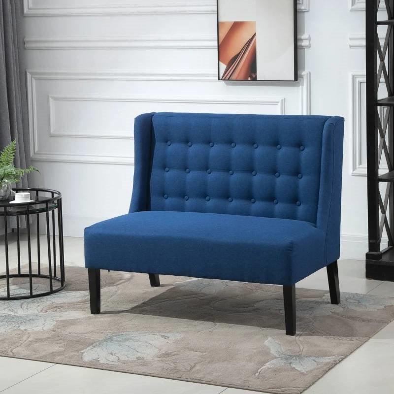 Scandinavian 2 Seater Button Tufted Loveseat Wooden Legs Blue Linen - PRHOMZ