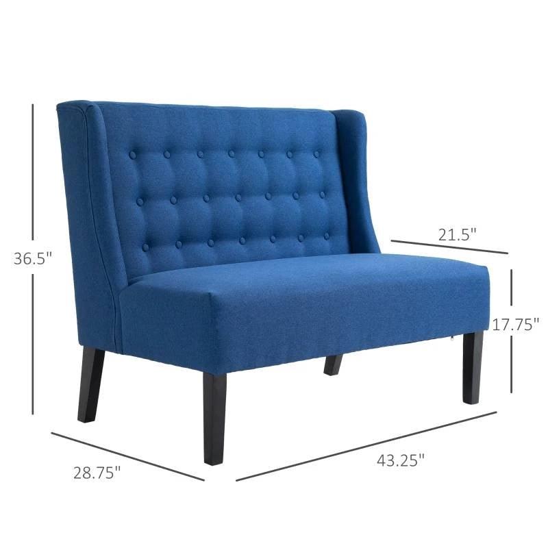 Scandinavian 2 Seater Button Tufted Loveseat Wooden Legs Blue Linen - PRHOMZ