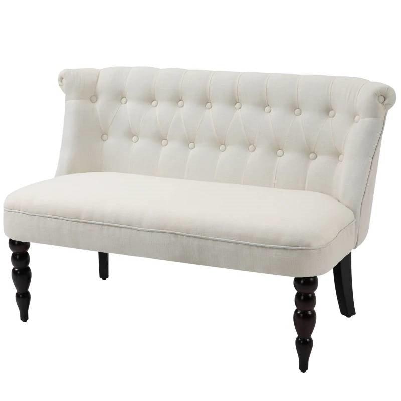 Scandinavian 2 Seater Button Tufted Loveseat Wooden Legs Cream White Linen - PRHOMZ