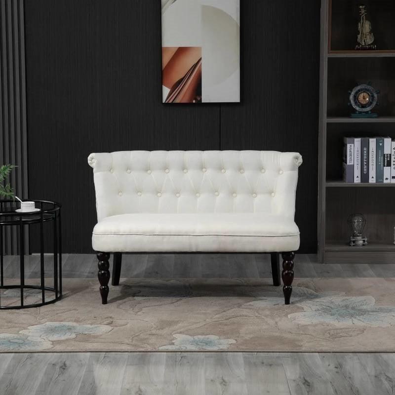 Scandinavian 2 Seater Button Tufted Loveseat Wooden Legs Cream White Linen - PRHOMZ