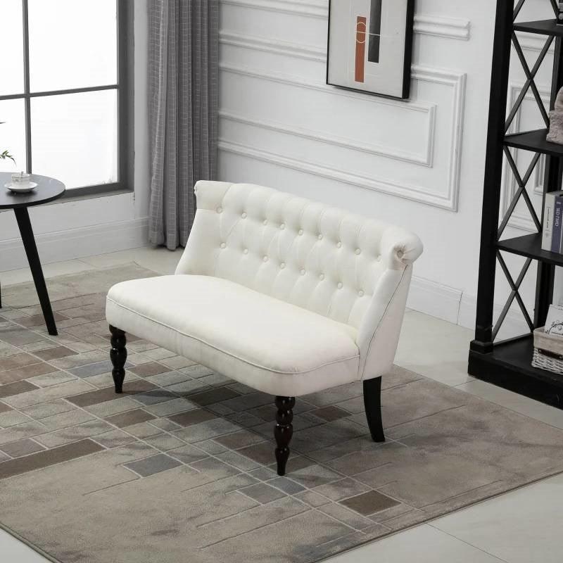 Scandinavian 2 Seater Button Tufted Loveseat Wooden Legs Cream White Linen - PRHOMZ