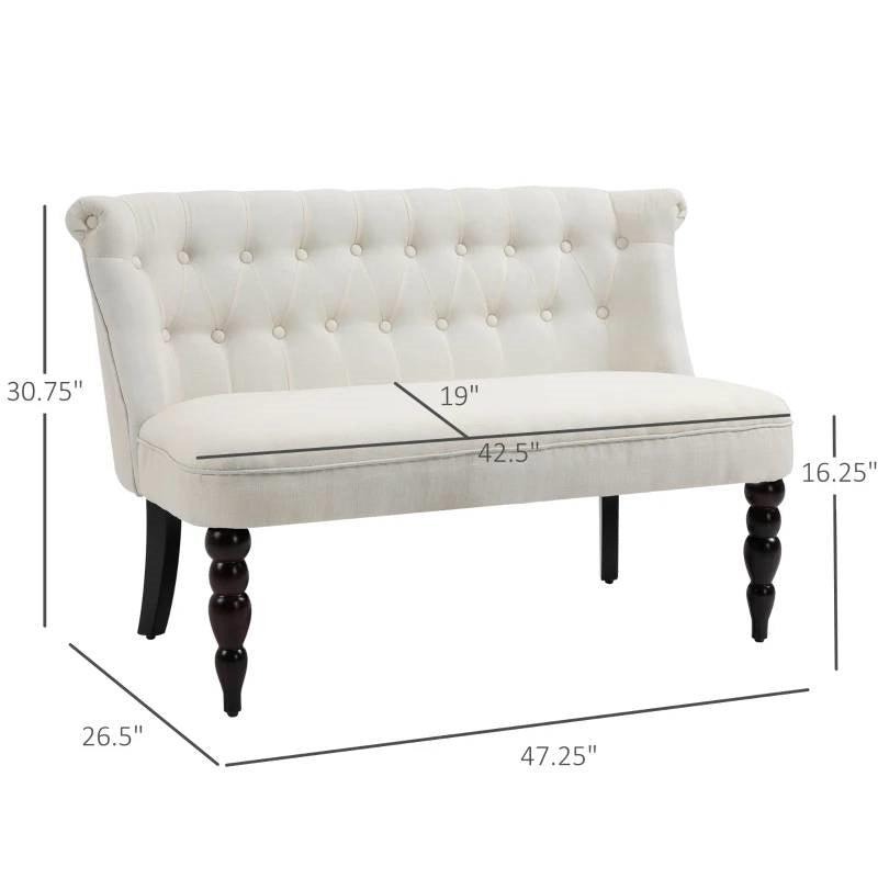 Scandinavian 2 Seater Button Tufted Loveseat Wooden Legs Cream White Linen - PRHOMZ