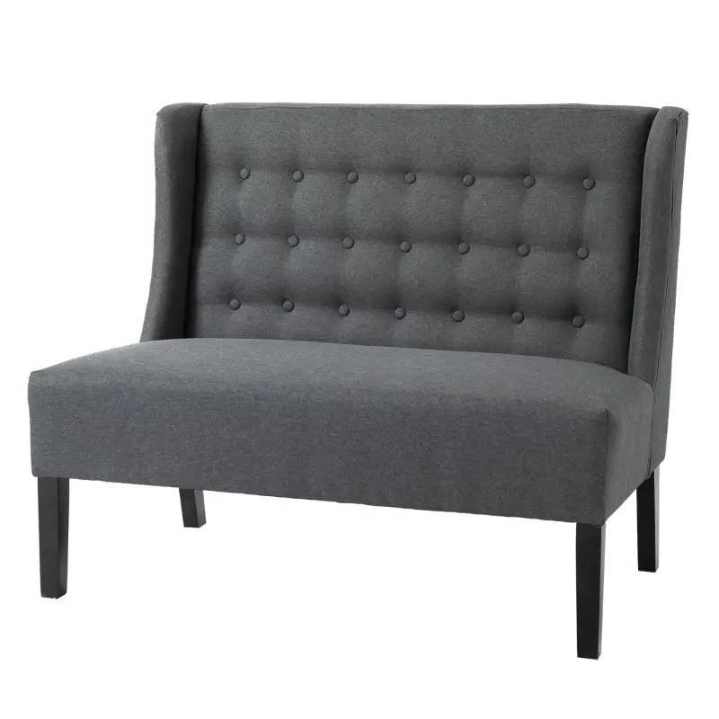 Scandinavian 2 Seater Button Tufted Loveseat Wooden Legs Gray Linen - PRHOMZ