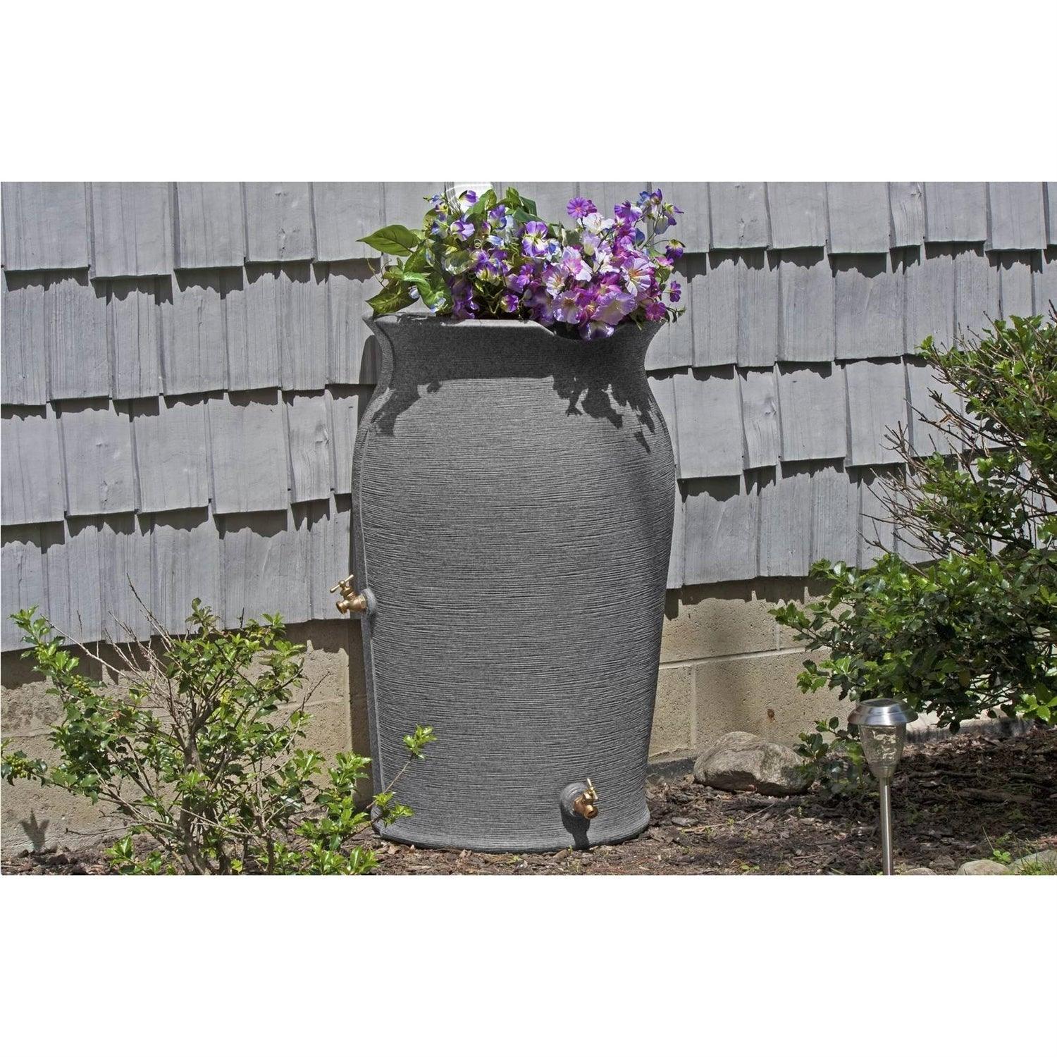 Dark Grey Granite 50-Gallon Plastic Urn Rain Barrel with Planter Top - PRHOMZ