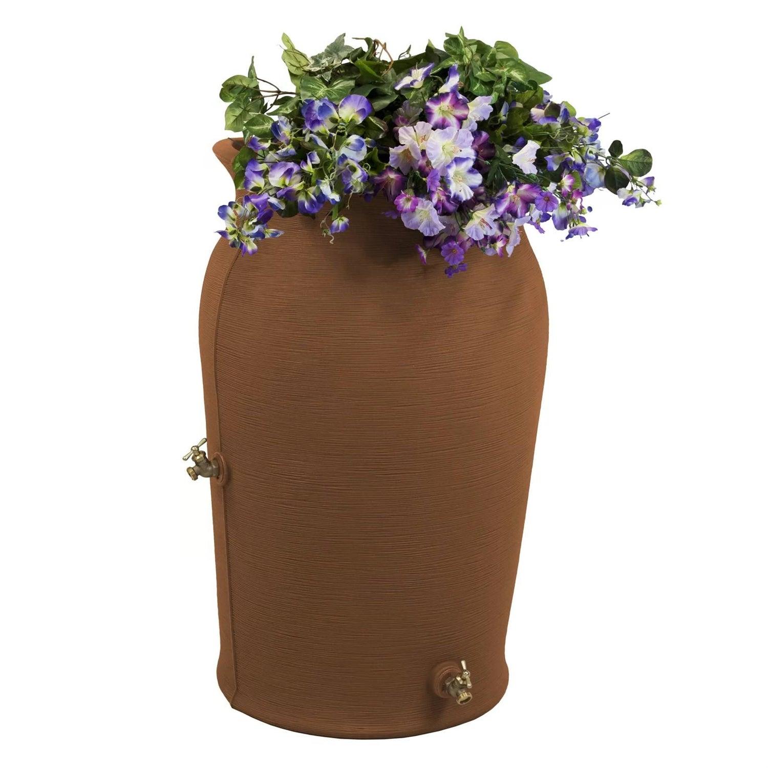 Terra Cotta 50-Gallon Plastic Urn Rain Barrel with Planter Top - PRHOMZ