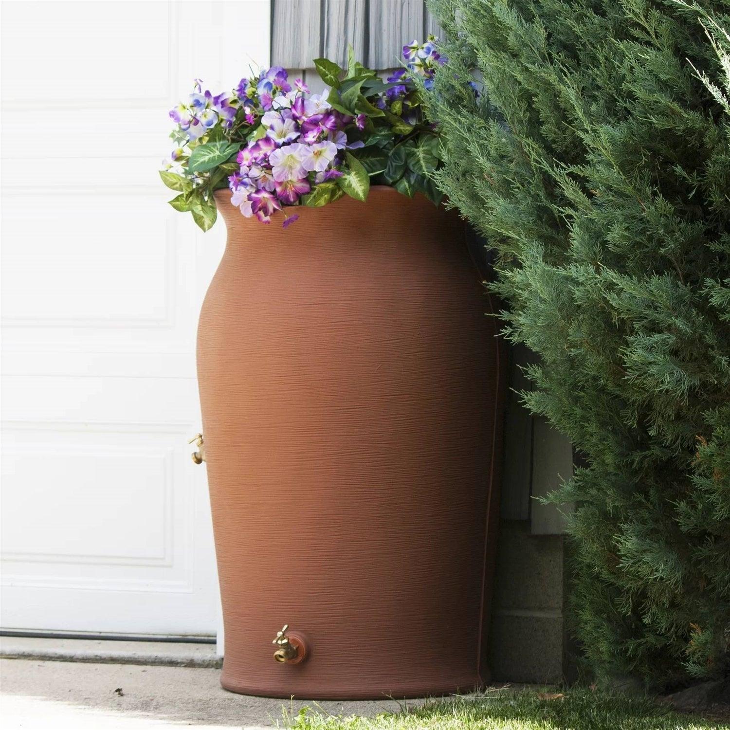 Terra Cotta 50-Gallon Plastic Urn Rain Barrel with Planter Top - PRHOMZ