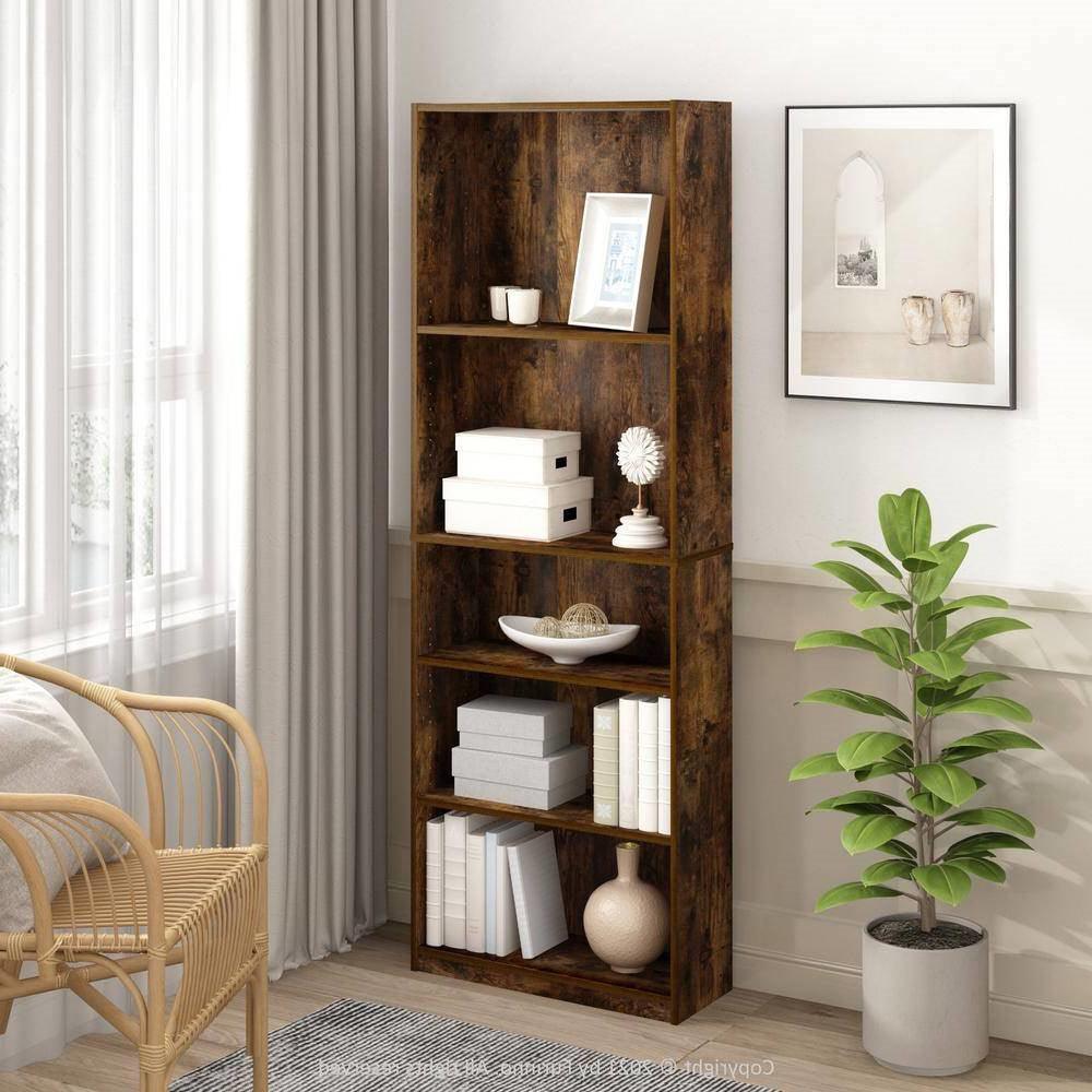 71-inch Tall 5-Shelf Bookcase in Medium Brown Wood Finish - PRHOMZ