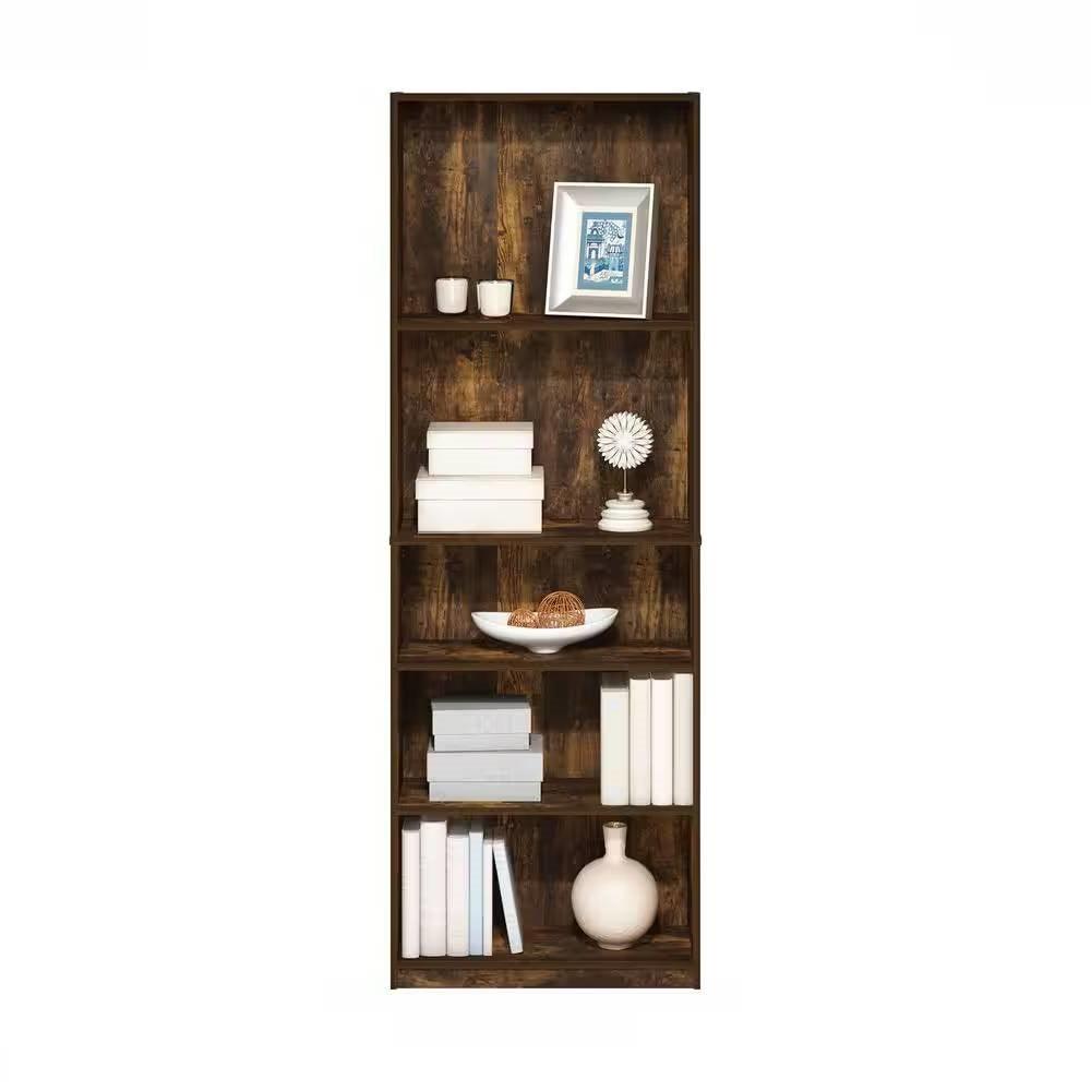 71-inch Tall 5-Shelf Bookcase in Medium Brown Wood Finish - PRHOMZ