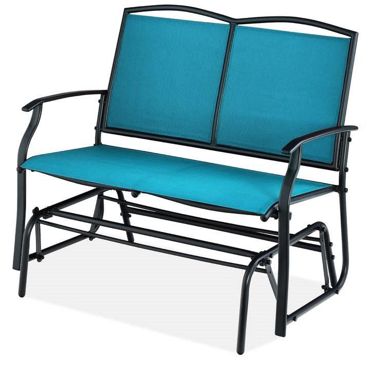 2 Seat Mesh Patio Loveseat Swing Glider Rocker with Armrests in Blue - PRHOMZ