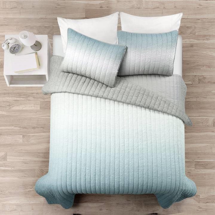 Full/Queen Aqua Blue and Grey Lightweight Polyester Fabric 3 Piece Quilt Set - PRHOMZ