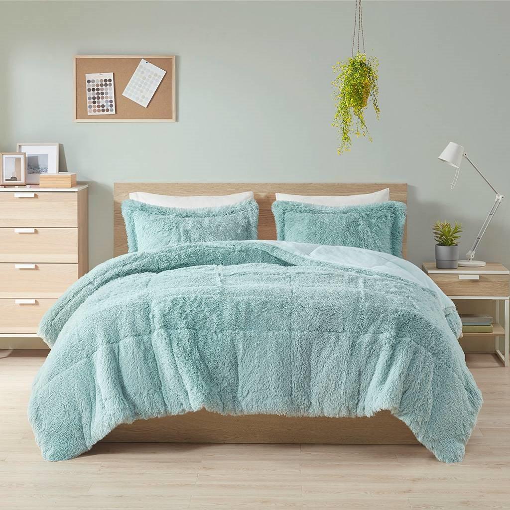 Full/Queen Soft Sherpa Faux Fur 3-Piece Comforter Set in Light Teal Blue - PRHOMZ