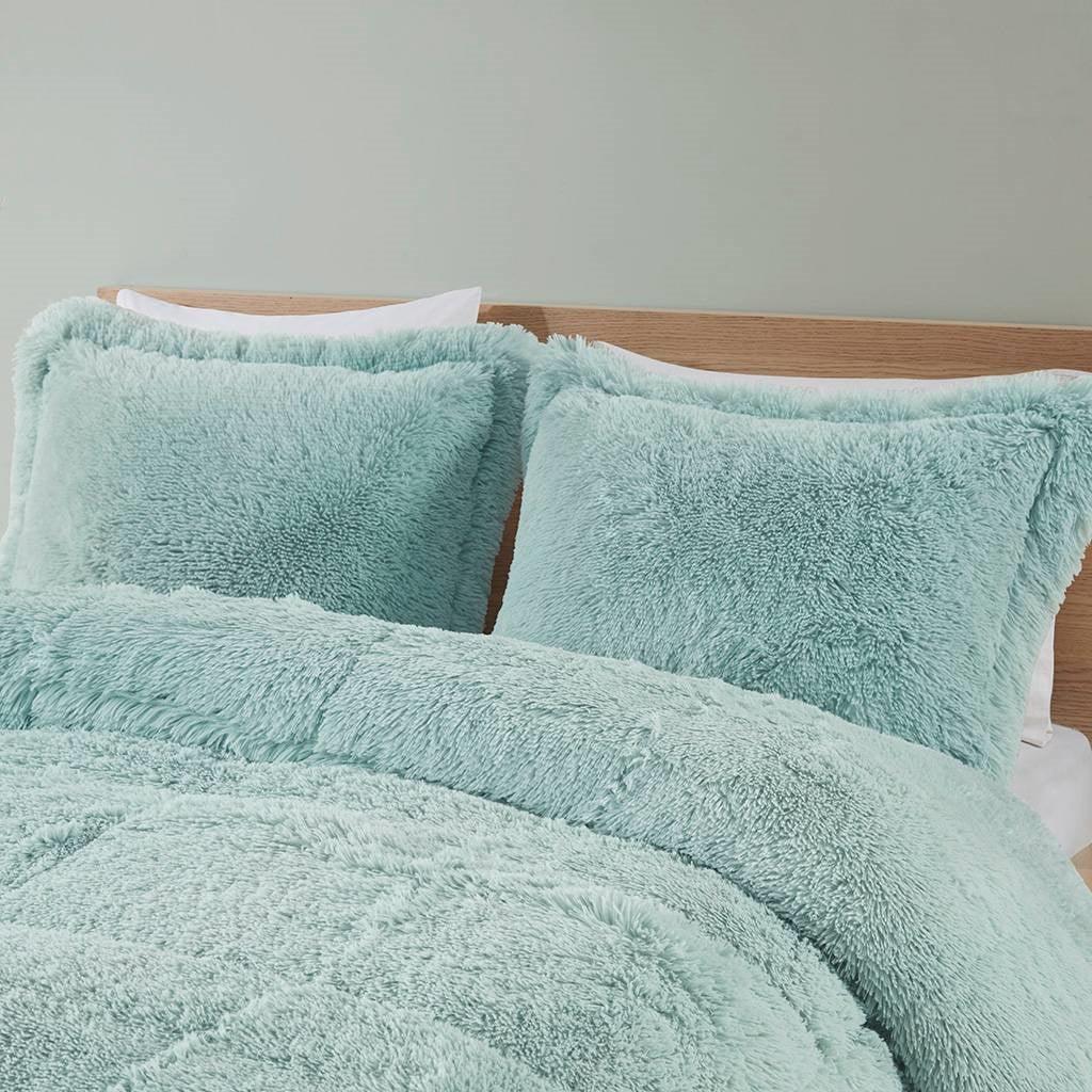 Full/Queen Soft Sherpa Faux Fur 3-Piece Comforter Set in Light Teal Blue - PRHOMZ