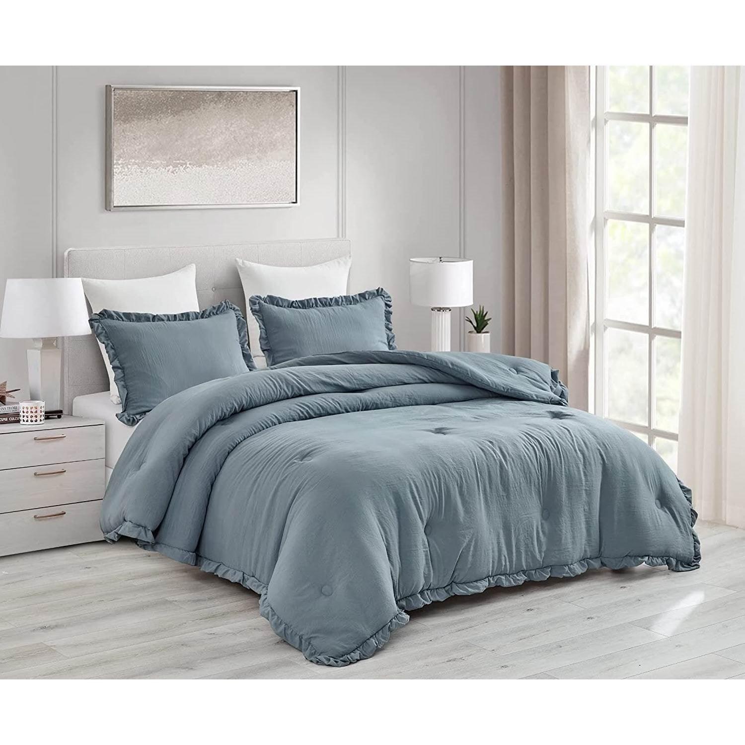 Full Size Blue Stone Washed Ruffled Edge Microfiber 3-Piece Comforter Set - PRHOMZ